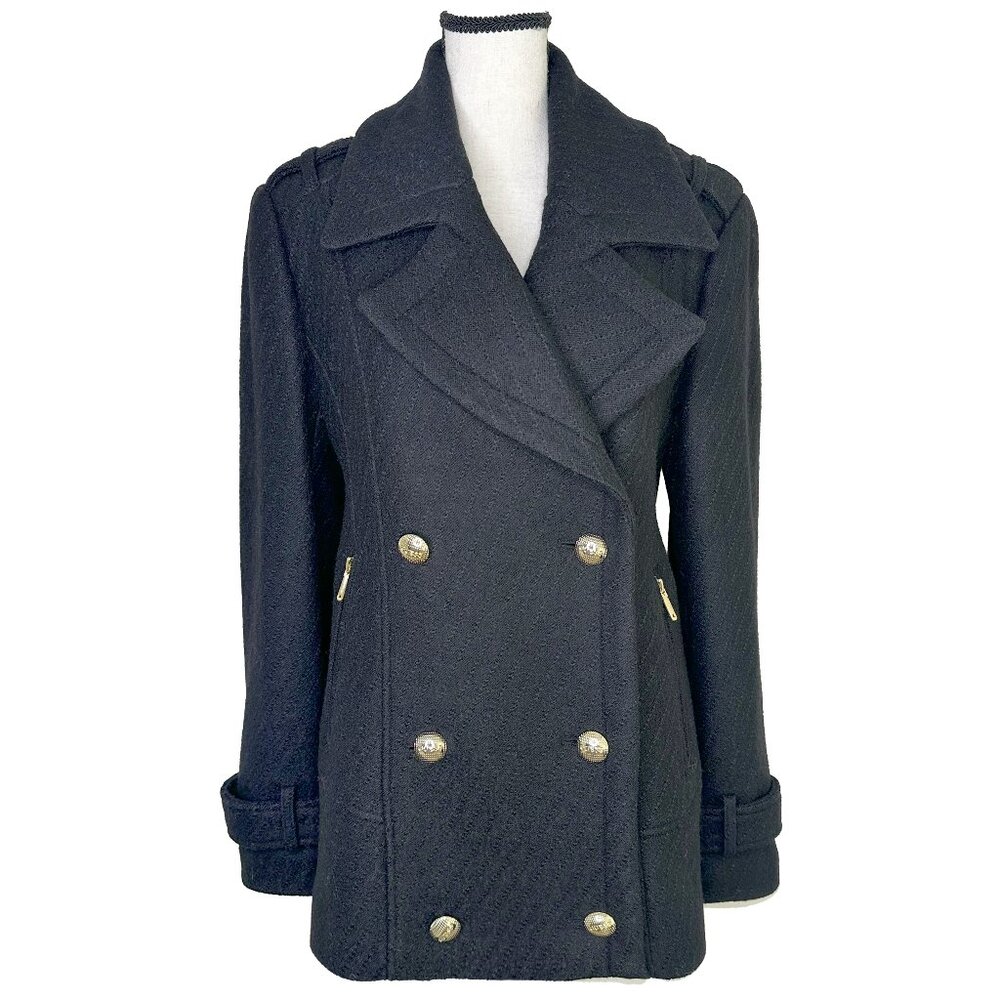 Black GUESS Wool Pea Coat Double Breasted Jacket